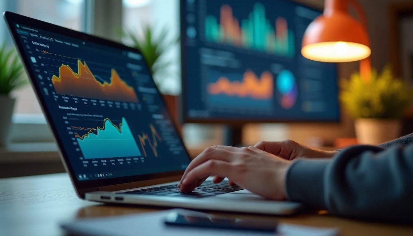 Tela de notebook mostrando dashboard de métricas e análise de desempenho de conteúdo com gráficos coloridos