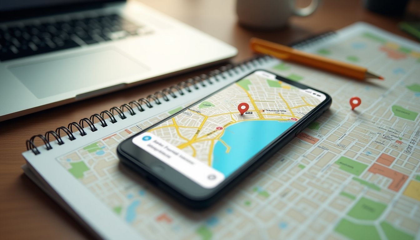 Mesa de trabalho vista de cima com smartphone mostrando Google Maps, mapa impresso de cidade com destaques em bairros, bloco de notas com palavras-chave de localização e notebook, representando pesquisa de palavras-chave para SEO local