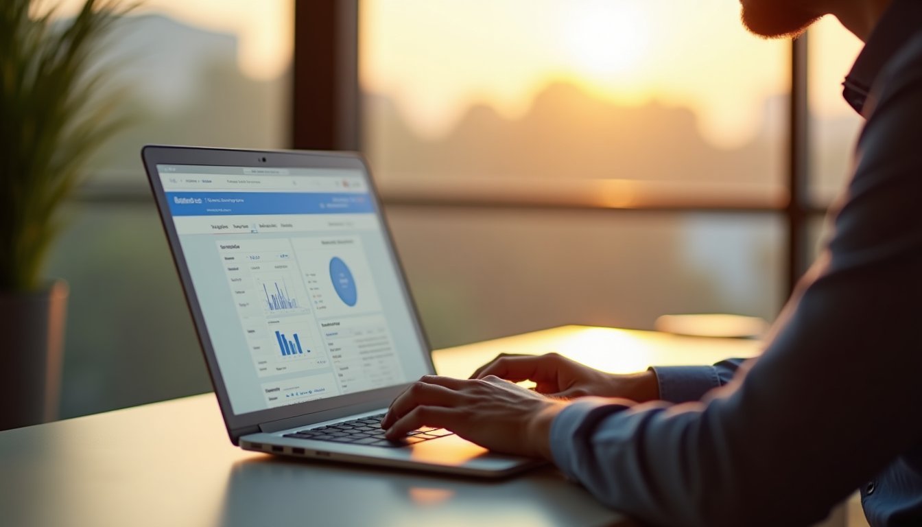 Homem trabalhando em laptop com painel do Google Ads aberto, em ambiente de escritório iluminado por luz natural dourada de fim de tarde