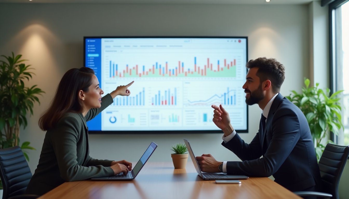 Equipe analisando dashboard de performance do Google Ads em monitor de parede durante reunião de trabalho em escritório moderno