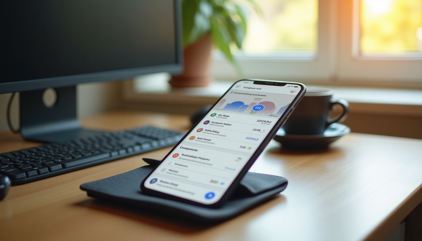 Smartphone em mesa de trabalho exibindo aplicativo móvel do Google Ads com estatísticas de campanha em tempo real