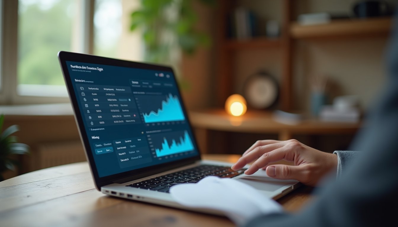 Mesa de trabalho com laptop exibindo dashboard de métricas de marketing digital, tablet, smartphone e caderno de anotações