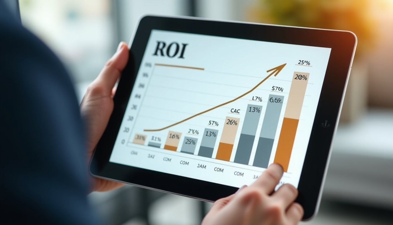 Tablet exibindo gráficos de ROI, CAC e LTV para análise de métricas de marketing digital