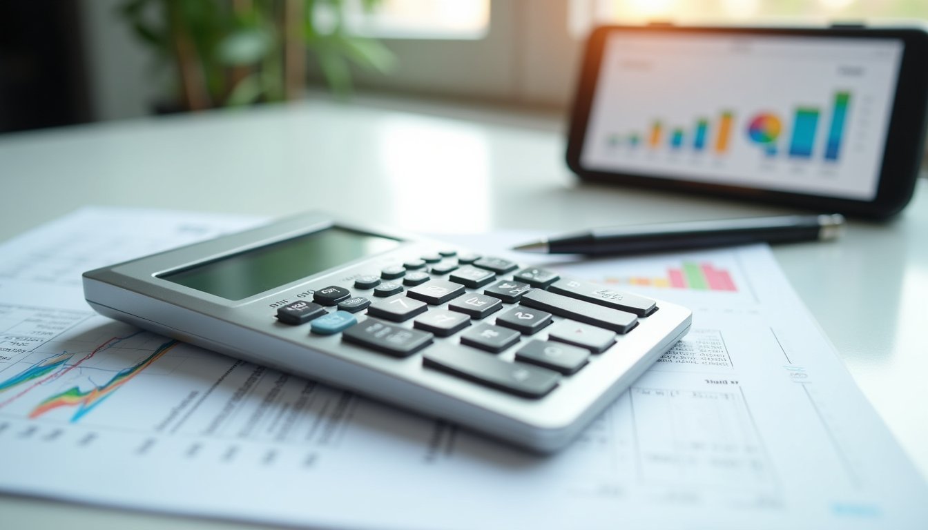 Mesa de trabalho com notebook exibindo dashboard de métricas de ROI e gráficos de desempenho de marketing digital