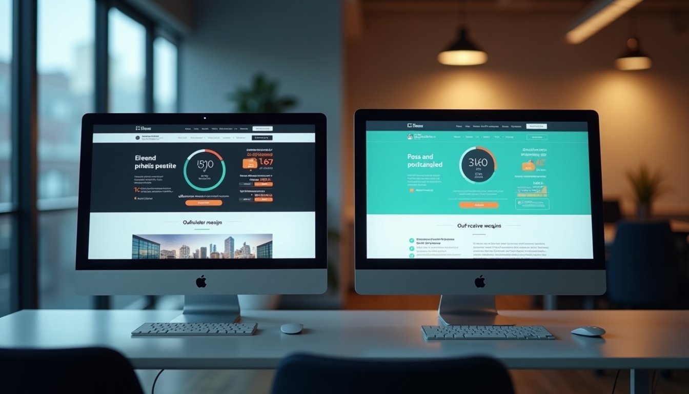 Dois monitores lado a lado mostrando comparação entre site antigo com problemas de performance e site moderno redesenhado com métricas positivas
