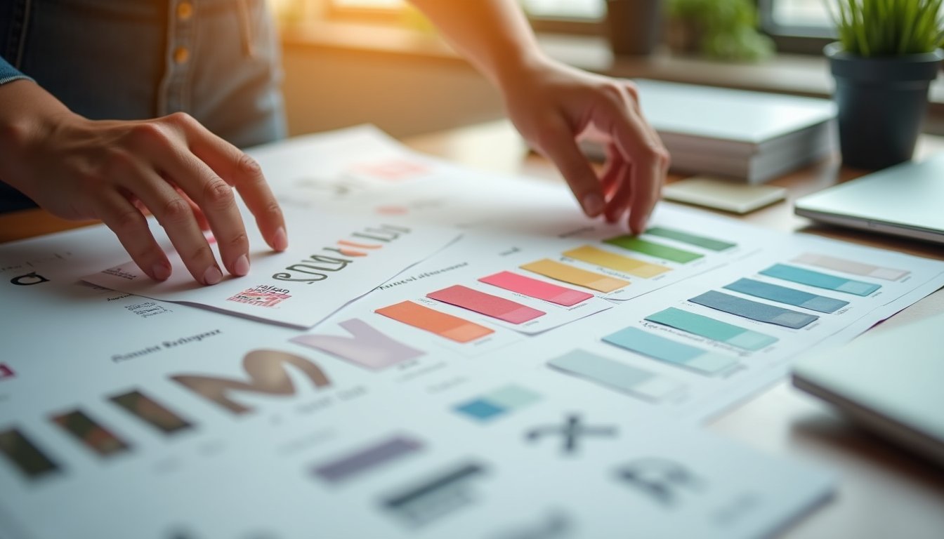 Mãos organizando diferentes materiais de identidade visual sobre mesa de trabalho, comparando paletas de cores e aplicações de design gráfico estratégico