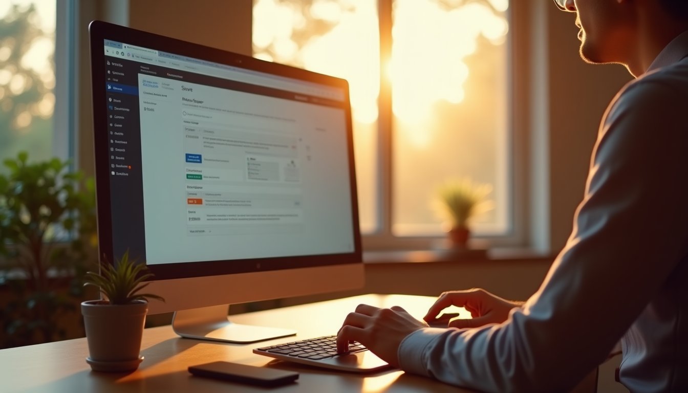 Laptop exibindo painel de gestão de site com métricas de performance e gráficos de monitoramento em ambiente de trabalho moderno e organizado