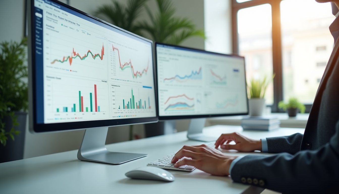 Profissional trabalhando em estratégia digital com tela dividida mostrando métricas de inbound marketing e tráfego pago lado a lado