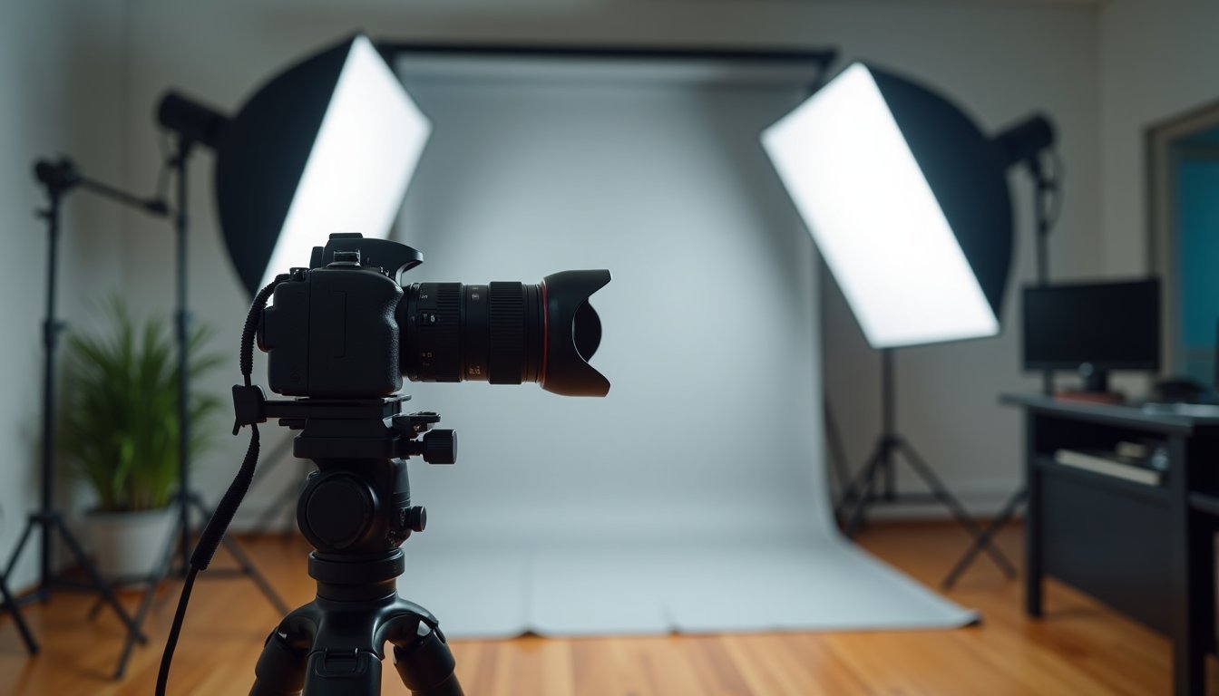 Estúdio de gravação de vídeos profissional com câmera em tripé, iluminação softbox e fundo neutro, representando produção de marketing com vídeos