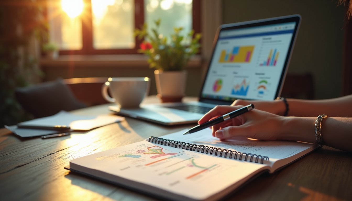 Mãos trabalhando em estratégia de inbound marketing em mesa de madeira, com notebook mostrando dashboard de conversão e caderno com esboços de funil