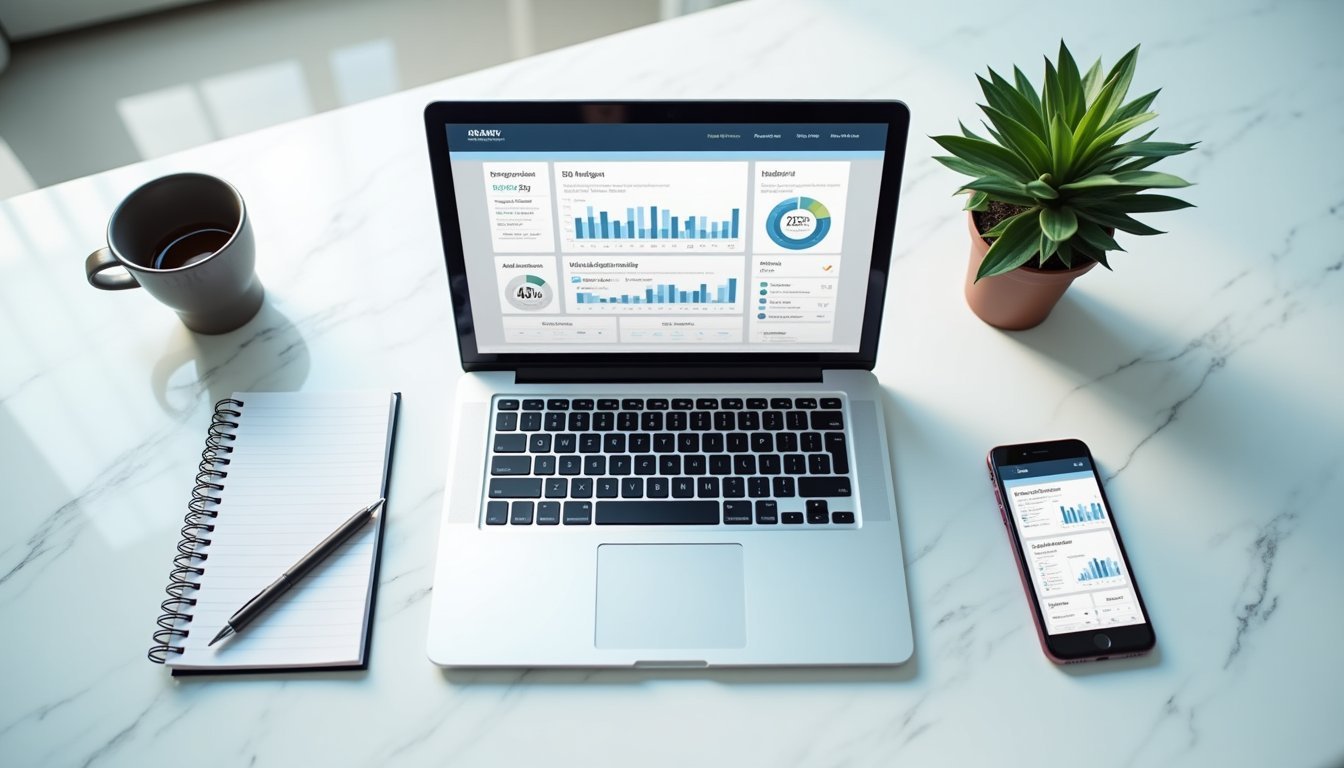 Vista superior de laptop exibindo painel de métricas de otimização de site com gráficos de desempenho, notebook e smartphone em mesa de trabalho moderna