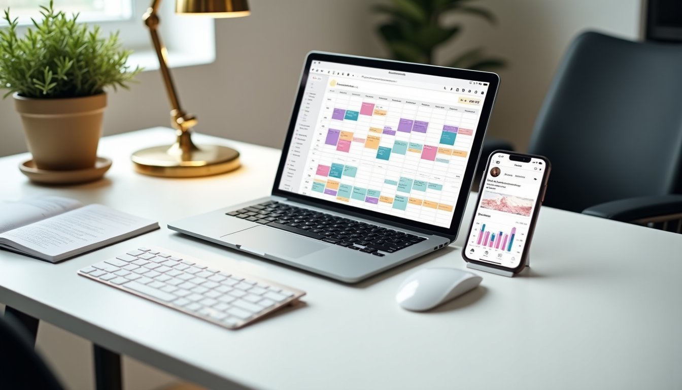 Mesa de escritório moderna com tablet exibindo calendário editorial de redes sociais, smartphone mostrando métricas de Instagram e notas de planejamento estratégico