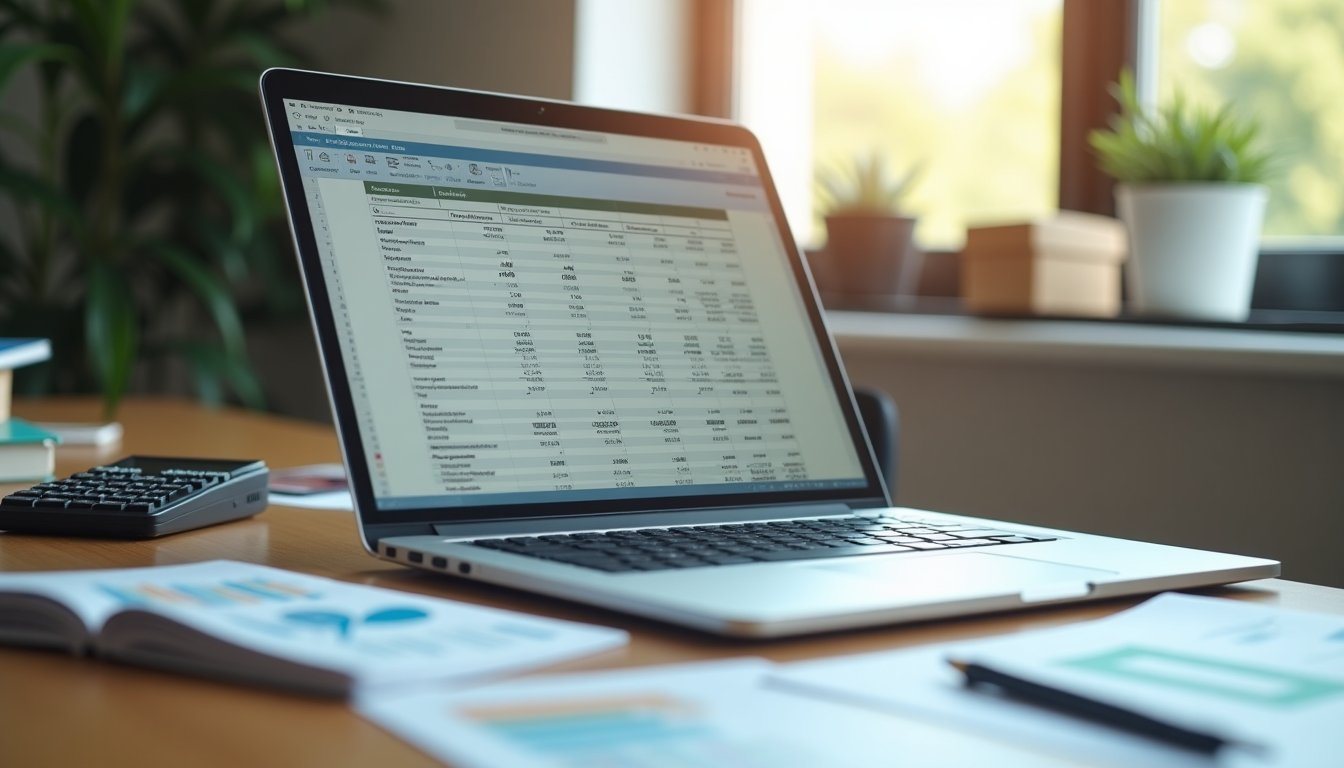 Mesa de trabalho com laptop exibindo planilha de orçamento para loja virtual, calculadora e documentos de custos