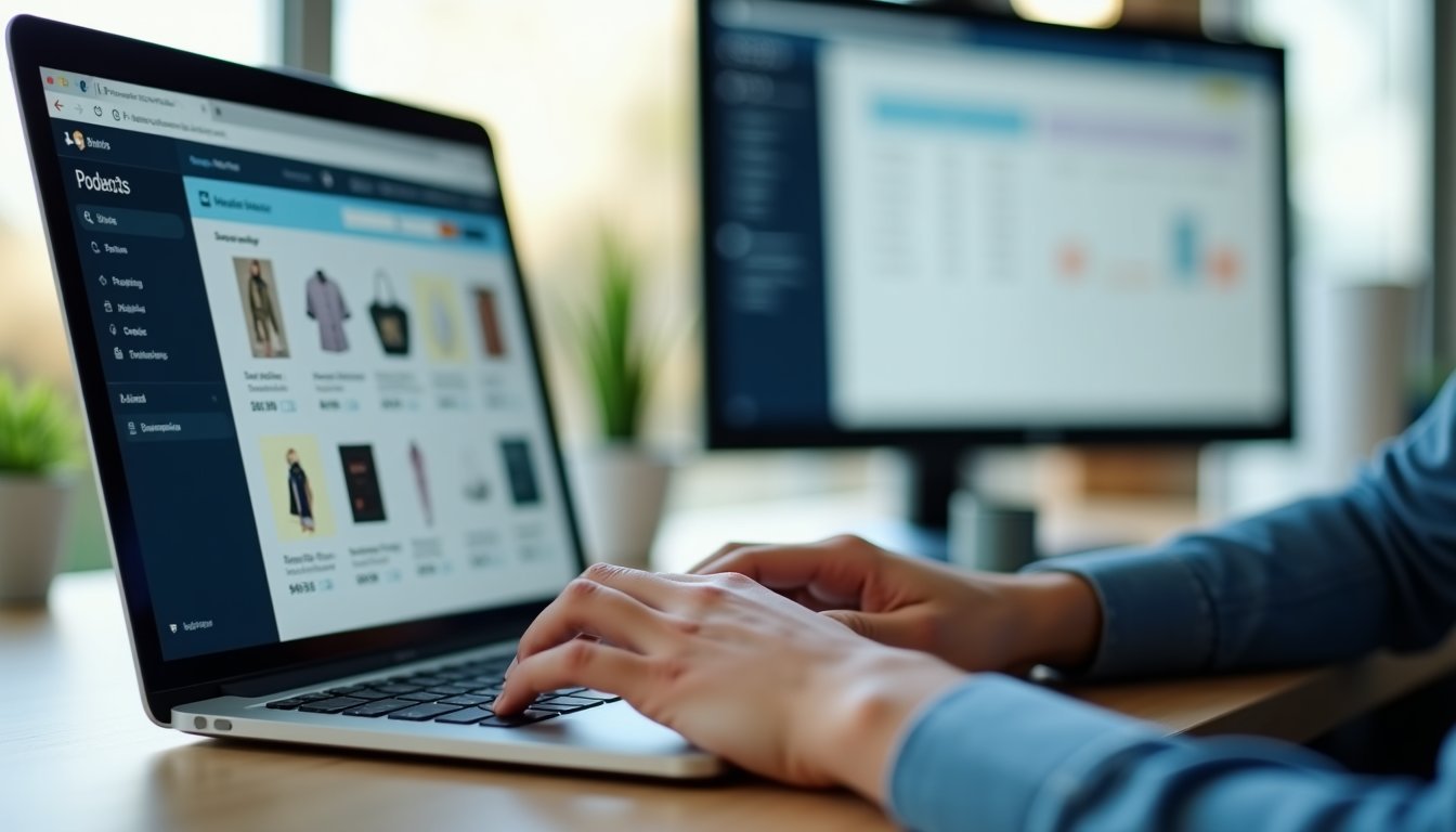 Pessoa cadastrando produtos no painel de uma plataforma de e-commerce, com grade de produtos e planilha de dados visível na tela