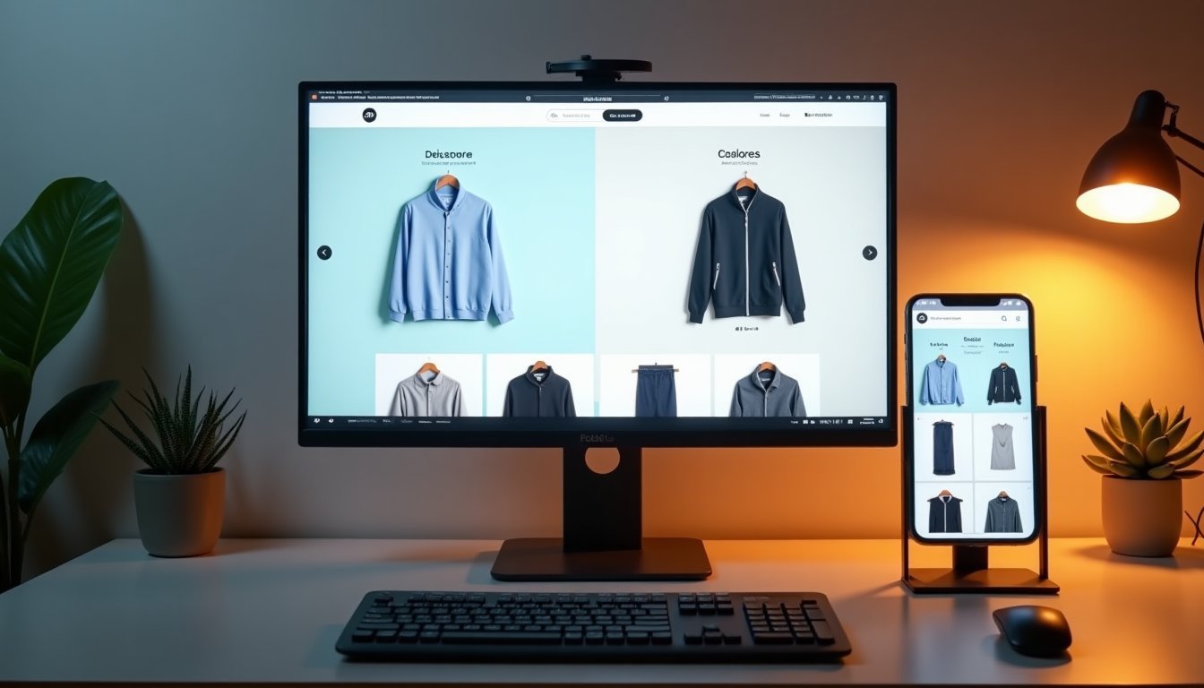 Monitor exibindo versão desktop e mobile de loja virtual lado a lado durante fase de testes de responsividade