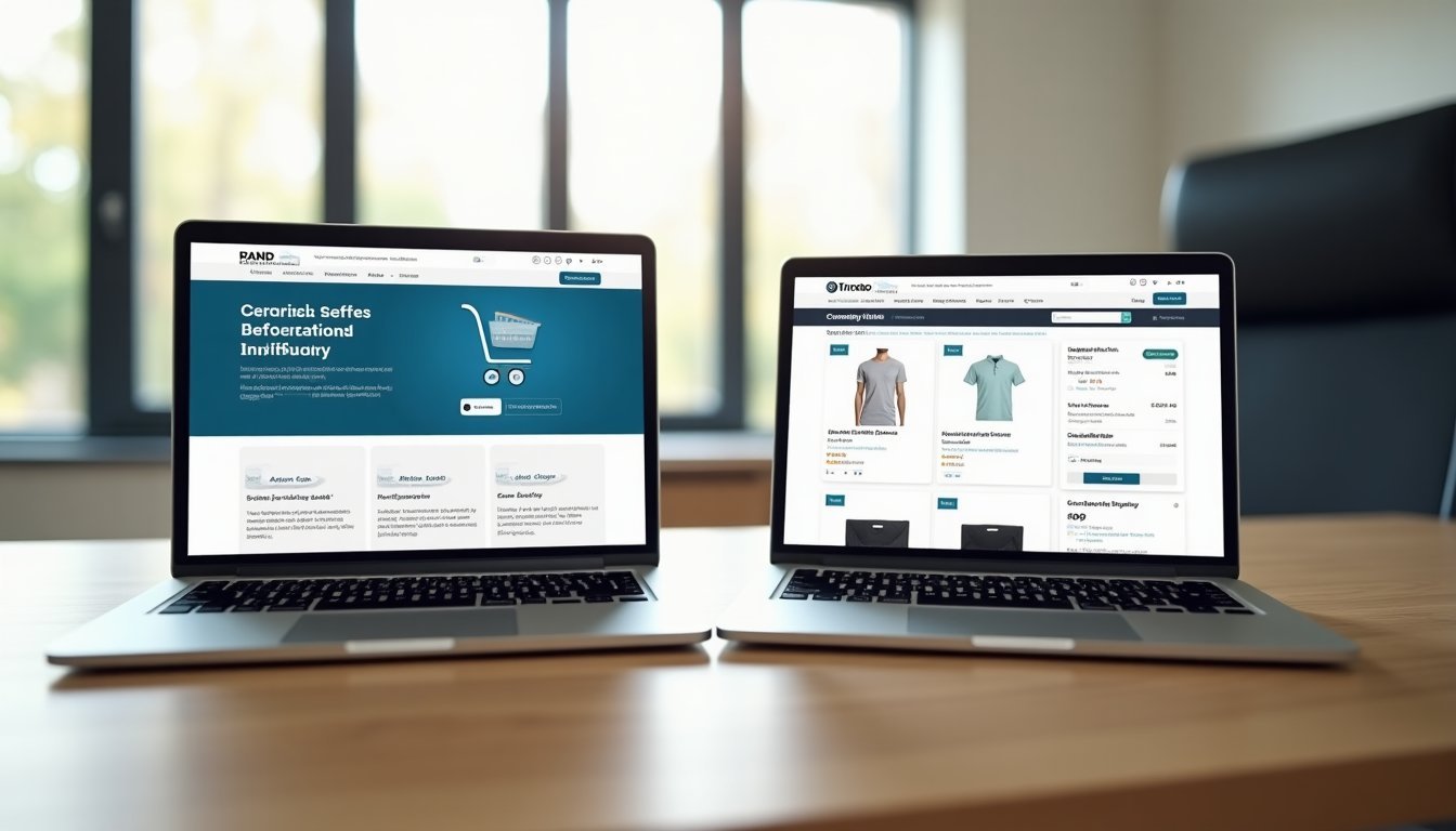 Dois notebooks lado a lado exibindo site institucional e loja virtual, representando a decisão entre ter ambas as plataformas digitais para um negócio